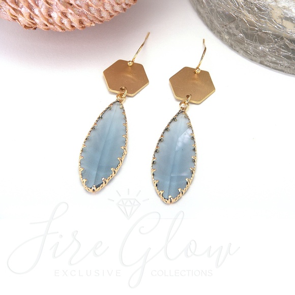 Gray Teardrop Gem Brushed Gold Tone Hex Earrings - Picture 9 of 11